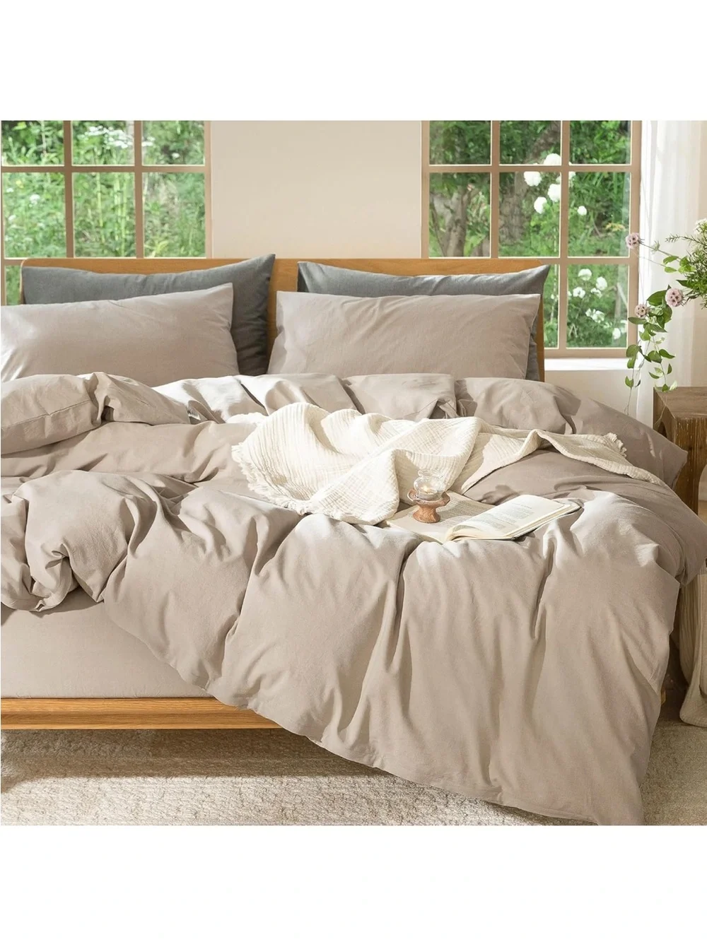NEW MooMee Bedding Duvet Cover Set 100% Washed Cotton Linen Like. Taupe, Queen.